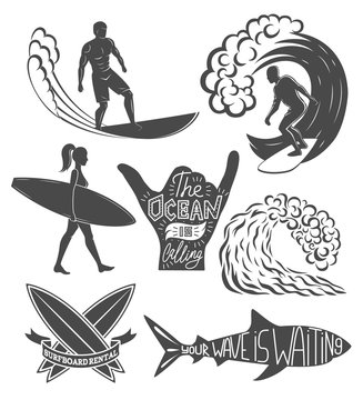 Set of surfing vintage design elements. Surf logo vector illustration. Surfboard logotypes. Retro