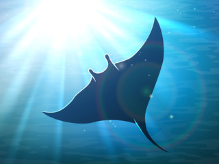 Dark manta ray in ocean deep water with light rays. Vector illustration - obrazy, fototapety, plakaty