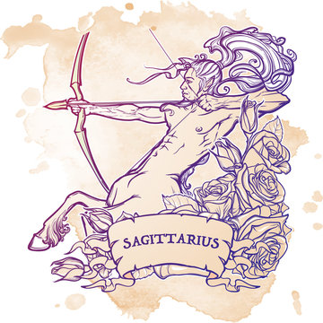 Sagittarius Zodiac sign with a decorative frame of roses Astrology concept art. Tattoo design. Gay Pinup style. Sketch isolated on white background. EPS10 vector illustration.