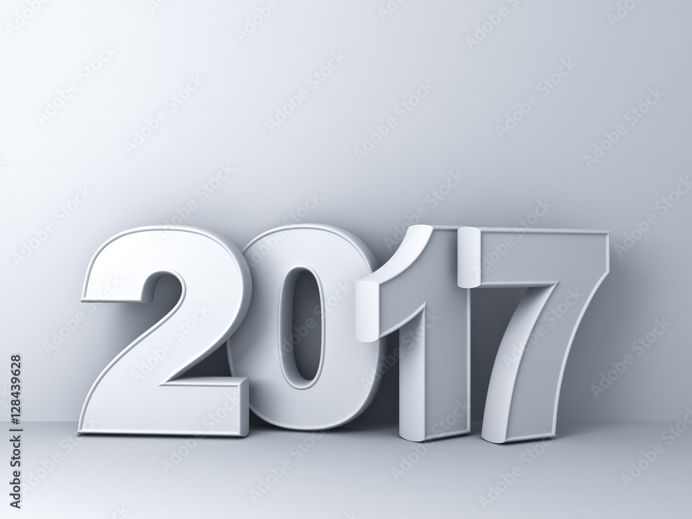 Fototapete happy new year 2017 3d white text over white wall background abstract with shadow 3d rendering
