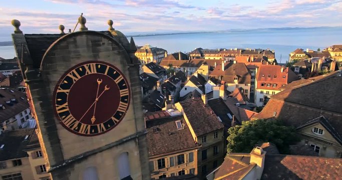 Aerial view of Vintage Bell-Tower in Neuchatel, Switzerland