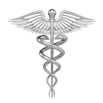 Silver metall Caduceus - medical symbol with isolated on white. 3d render