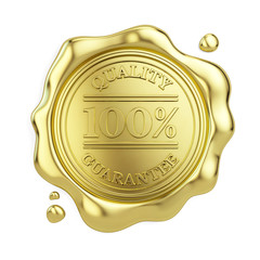 100% quality guarantee golden wax seal isolated on white background. 3d illustration