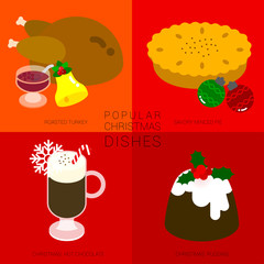 Naklejka premium POPULAR CHRISTMAS DISHES Four popular christmas dishes is illustrated in simple style with festival icon such as a bell, snowflake, and christmas decoration ornament on red background. 