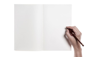 Two hands hold a empty(blank) book spread isolated white.
