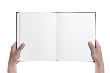 Two hands hold a empty(blank) book spread isolated white.