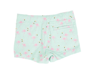 Green shorts with flamingo pattern.