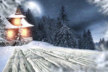 Fototapeta na wymiar winter desk and night landscape 
