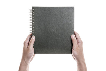 A man(male) write a empty(blank, vacant) paper isolated white.