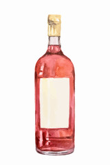 Watercolor alcohol bottle on white background. Alcohol beverage. Drink for restaurant or pub.