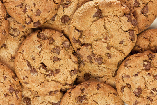 Closeup of chocolate chips cookies, shot from above