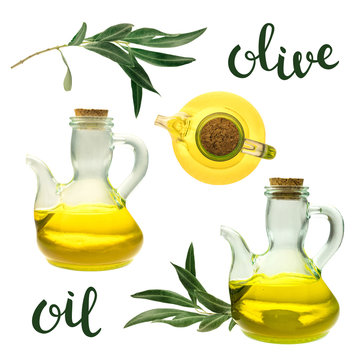 Olive oil bottles, branches and lettering, isolated on white