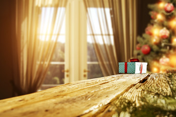 wooden desk space and xmas tree 