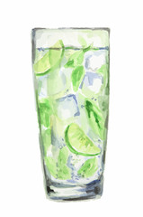 Isolated watercolor cocktail. Isolated glass with alcohol drink on white background. Ice cubes and lime. Mojito.