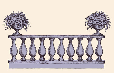 Balustrade with flowers in vase. Vector drawing