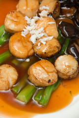 Studio closeup of seared scallops, garnished with vegetables
