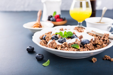 Homemade chocolate granola or muesli with yogurt and fresh blueberries for healthy morning breakfast, selective focus. Healthy food background with copy space for text.