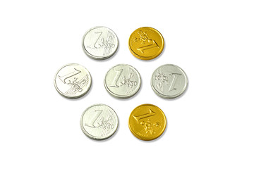 chocolate euro coins as a concept for finance, isolate on white