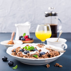 Homemade chocolate granola or muesli with yogurt and fresh blueberries for healthy morning breakfast, selective focus. Healthy food background with copy space for text.