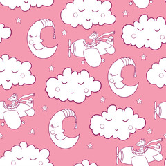 Awesome seamless patterm with cartoon sleeping clouds and cresce
