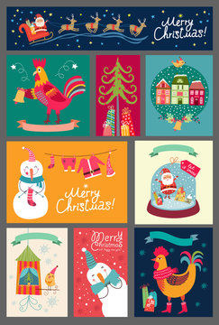 Christmas set of cards. Collection of stickers, backgrounds. Santa, Snowman, rooster, deer.