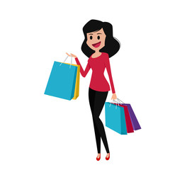 Buyer girl with shopping bags from the shopping mall. Cartoon character Vector Illustration.