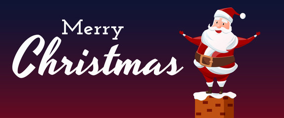 Fototapeta na wymiar Merry Christmas. Santa Claus on chimney at the roof. Christmas and Happy New Year. Cartoon Vector Illlustration.