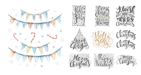 Merry christmas lettering over with snowflakes. Hand drawn text,