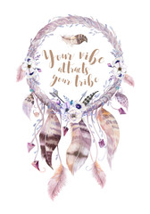 Isolated Watercolor decoration bohemian dreamcatcher. Boho feath