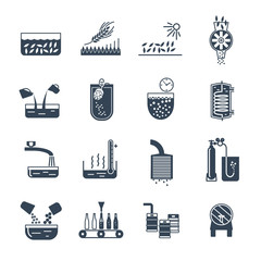 set of black icons manufacture of beer production process