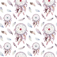Foto op Plexiglas Dromenvanger en verenpatroon. Aquarel Boheemse decoratie © kris_art