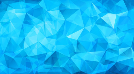 Obraz premium Blue low-poly triangles form a mosaic background. Faceted geometric shapes create a crystalline vector pattern for websites, presentations, posters, packaging, branding, and technology layouts.