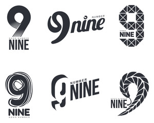 Set of black and white number nine logo templates, vector illustrations isolated on white background. Black and white graphic number nine logo templates - technical, organic, abstract - obrazy, fototapety, plakaty
