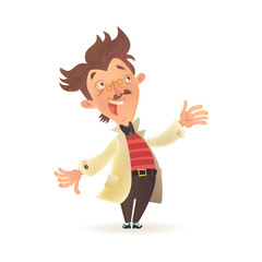 Fototapeta na wymiar Stereotypic bushy haired mad professor wearing lab coat and stiped sweater, cartoon illustration isolated on white background. Crazy comic scientist, mad professor, chemist, doctor