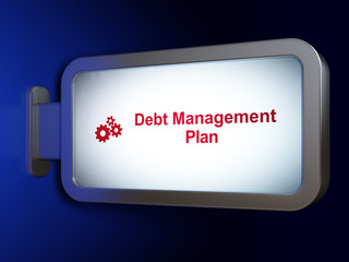 Finance concept: Debt Management Plan and Gears on billboard background