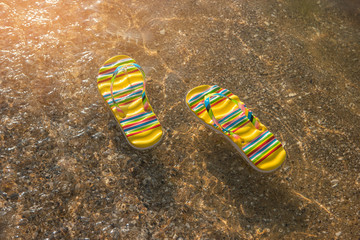 Flip flops on shore. Transparent water and sunlight. Go to the ocean. Summer vacation at tropical...