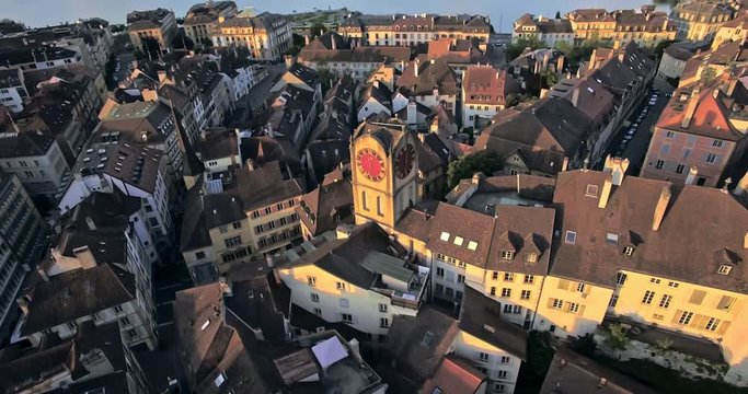 Aerial view of Vintage Bell-Tower in Neuchatel, Switzerland