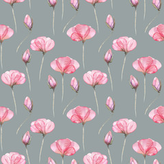 Seamless floral pattern with pink tender flowers hand drawn in watercolor on a gray background