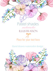 Template postcard with with watercolor tender flowers and leaves in pastel shades, hand drawn on a white background, for invitation, card decoration and other works, wedding design, greeting card