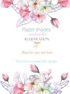 Fototapeta Template postcard with with watercolor tender flowers and leaves in pastel shades, hand drawn on a white background, for invitation, card decoration and other works, wedding design, greeting card
