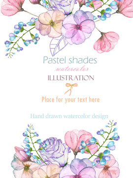 Fototapeta Template postcard with with watercolor tender flowers and leaves in pastel shades, hand drawn on a white background, for invitation, card decoration and other works, wedding design, greeting card