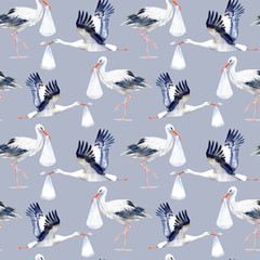 Seamless pattern with Stork and baby.Watercolor hand drawn illustration.Newborn picture.Blue grey background.