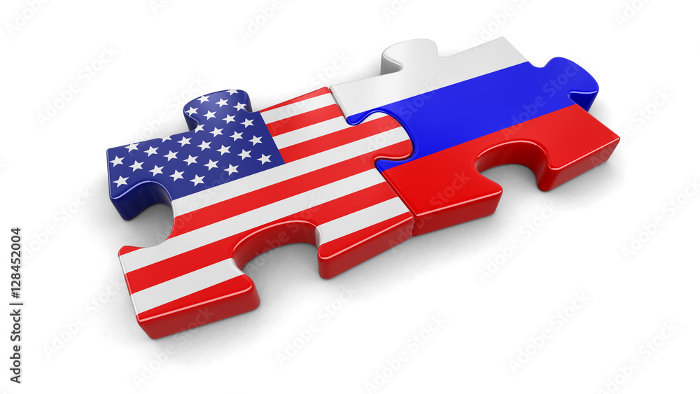 Poster usa and russia puzzle from flags. image with clipping path