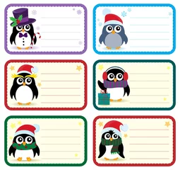 Papier Peint photo Lavable Pour enfants Christmas tags with penguins theme 1