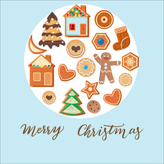 Christmas card ball, consisting of a gingerbread man, Christmas tree, cookies, house, bauble,moon, star, heart. Christmas gingerbread dessert poster design