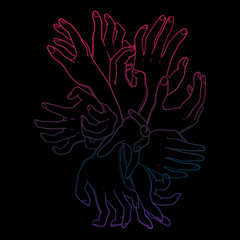 Mystical hands from the abyss of hell. Bouquet of hand. Hand drawn vector illustration. Tattoo style. Could be used as design for coloring book or as part of Halloween decor.