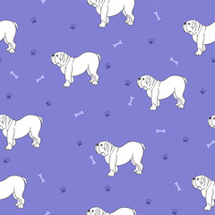 Awesome seamless pattern with cute dog. Breed bulldog. Violet ba