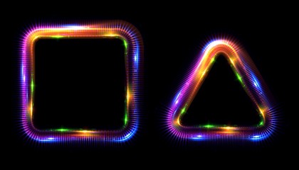 Fototapeta na wymiar Glowing frames black background. Square glow borders. Sparkling geometric light banner. Luminous triangle light shape. Shining triangular forms. Neon sign. Bright sign with flares and sparkles. LED