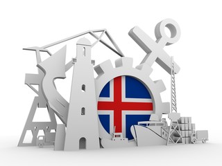 Cargo port relative icons set. Iceland flag in gear. 3D rendering