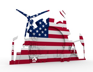 Energy and Power icons set with USA flag. Sustainable energy generation and heavy industry. 3D rendering
